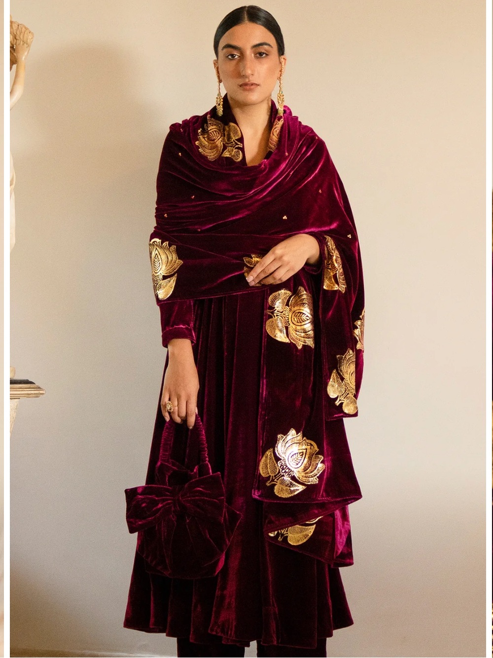 Orchid Velvet Anarkali With copper gold tissue pants & Shawl - Set Of 3